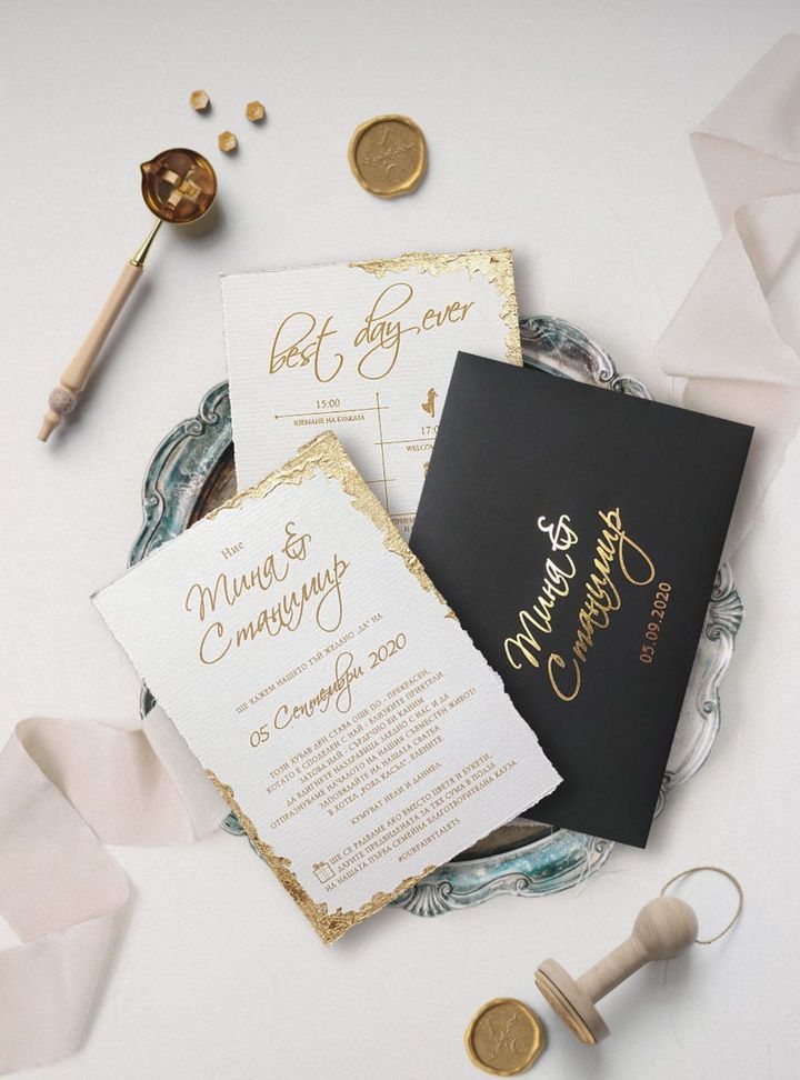 Siyah Zarflı Gold Detaylı Davetiye Altın Varaklı Düğün Davetiye