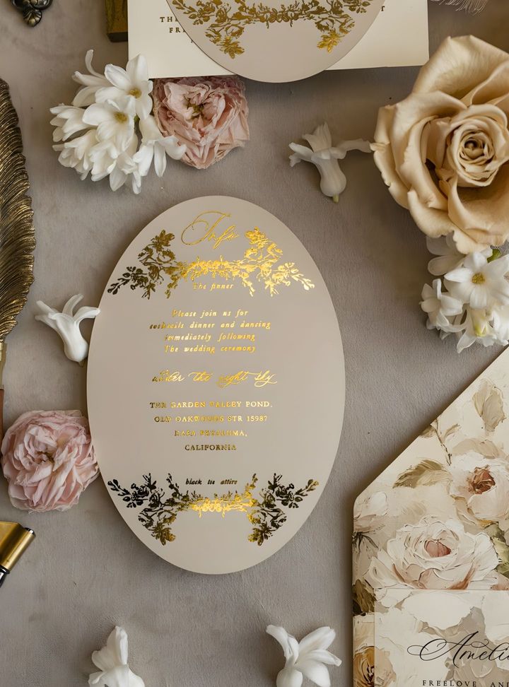 Altın Varaklı Oval Davetiye Altın Varaklı Düğün Davetiye