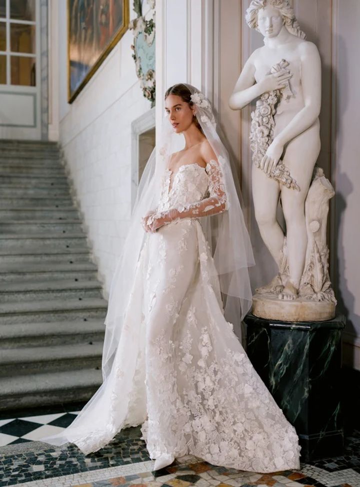 2025 Monique Lhuillier Düşük Omuz Gelinlik