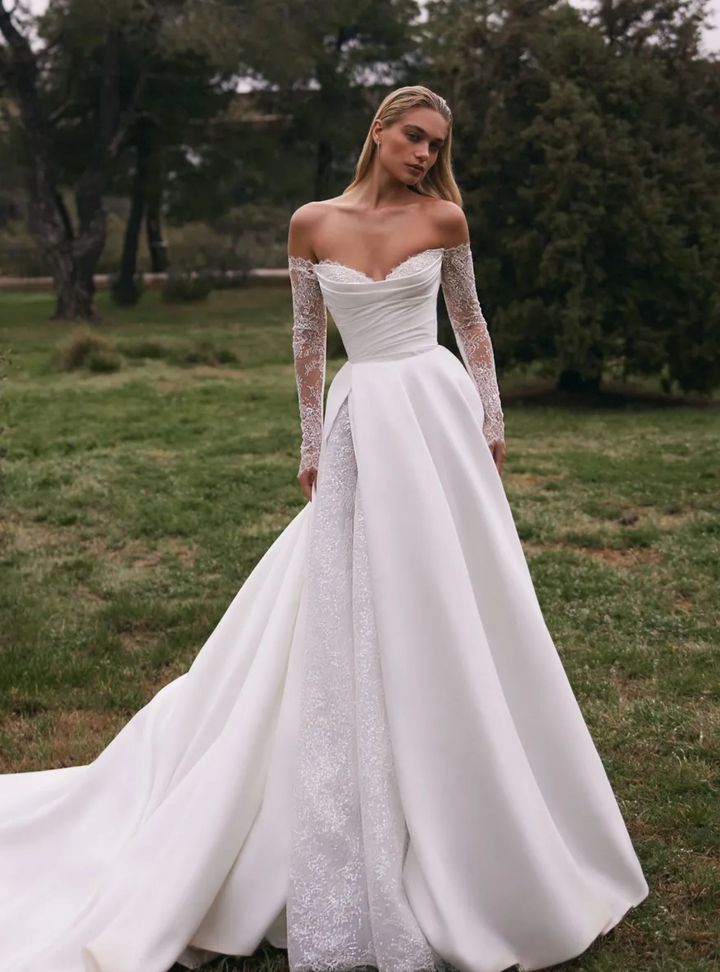 2026 Eva Lendel-8-26 A Kesim Tarlatansız Düşük Omuz Gelinlik