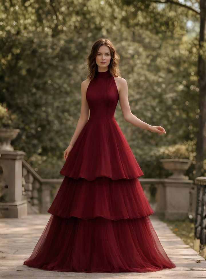 Halter Yaka Katlı Tül Abiye