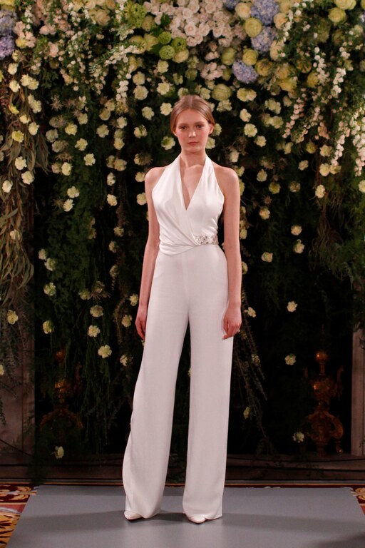 2019 Jenny Packham Kalın Askılı Tulum Gelinlik Modeli Düz kesim Boyundan bağlamalı  Modern gelinlik