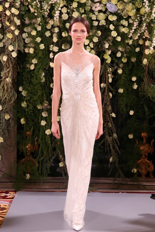 2019 Jenny Packham İllüzyon Yaka Gelinlik Modeli Düz kesim İllüzyon yaka Vintage gelinlik