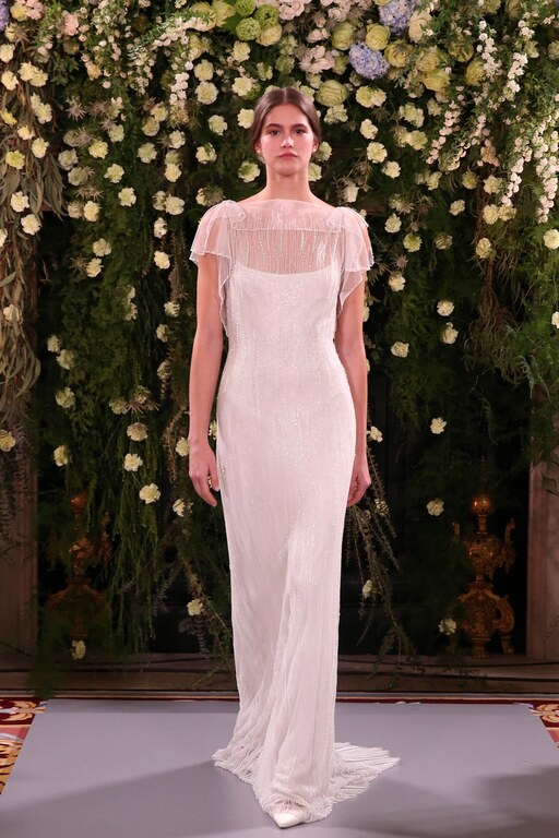 2019 Jenny Packham Tül Yakalı Gelinlik Düz kesim İllüzyon yaka Romantik gelinlik